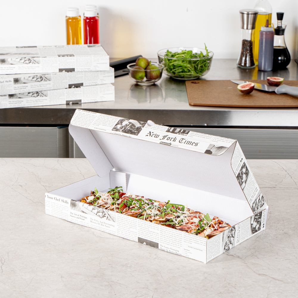 Eco Pie Newsprint and White Paper Corrugated Flatbread Box - 14" x 7" x 1 1/2" - 50 count box