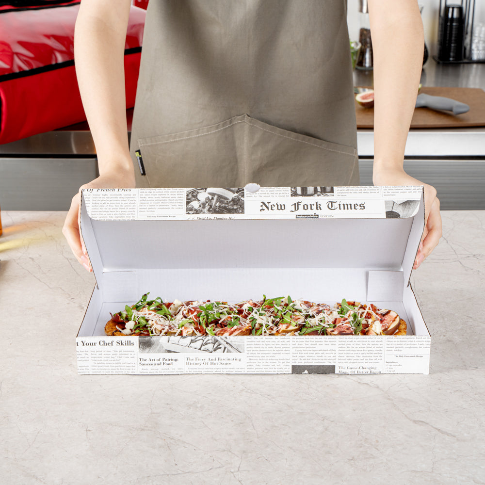 Eco Pie Newsprint and White Paper Corrugated Flatbread Box - 14" x 7" x 1 1/2" - 50 count box