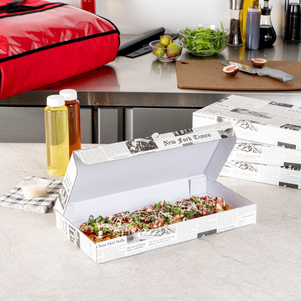 Eco Pie Newsprint and White Paper Corrugated Flatbread Box - 14" x 7" x 1 1/2" - 50 count box