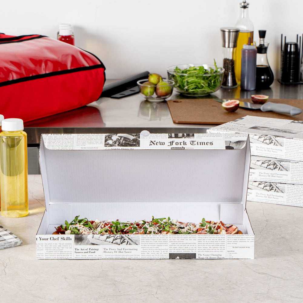 Eco Pie Newsprint and White Paper Corrugated Flatbread Box - 14" x 7" x 1 1/2" - 50 count box