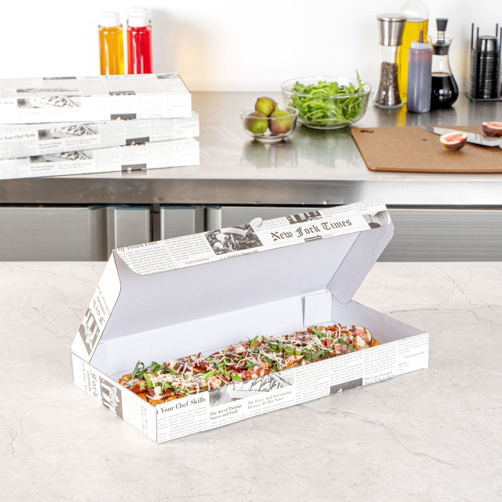 Eco Pie Newsprint and White Paper Corrugated Flatbread Box - 14" x 7" x 1 1/2" - 50 count box