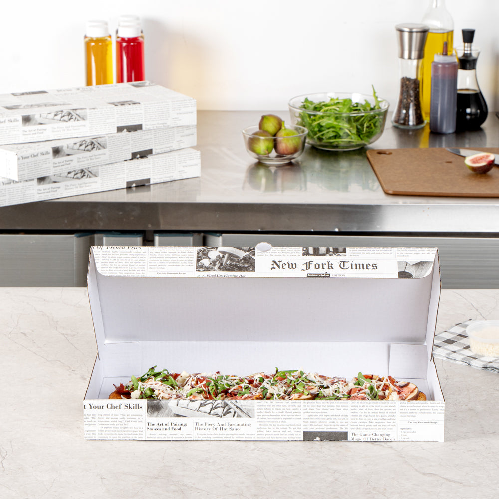 Eco Pie Newsprint and White Paper Corrugated Flatbread Box - 14" x 7" x 1 1/2" - 50 count box