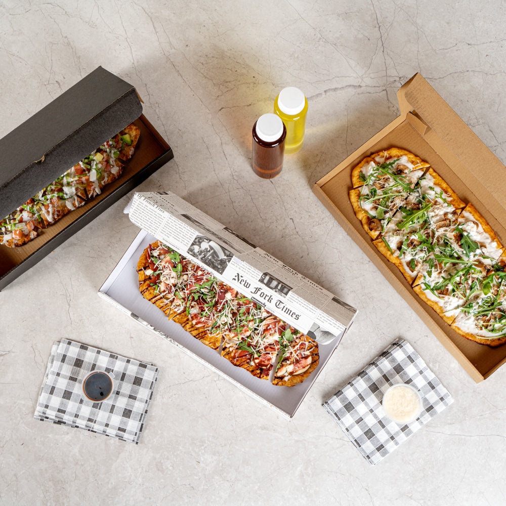 Eco Pie Newsprint and White Paper Corrugated Flatbread Box - 14" x 7" x 1 1/2" - 50 count box