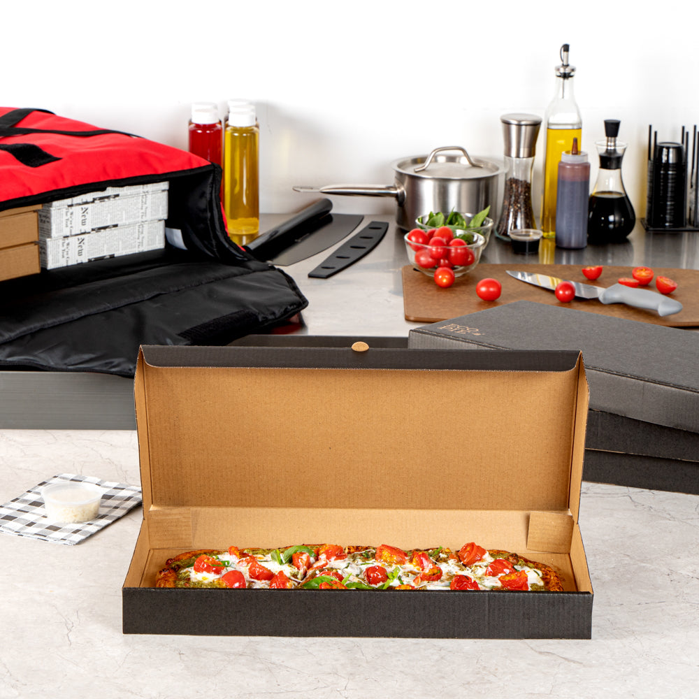 Eco Pie Kraft and Black Paper Corrugated Flatbread Box - 16" x 8" x 1 1/2" - 50 count box