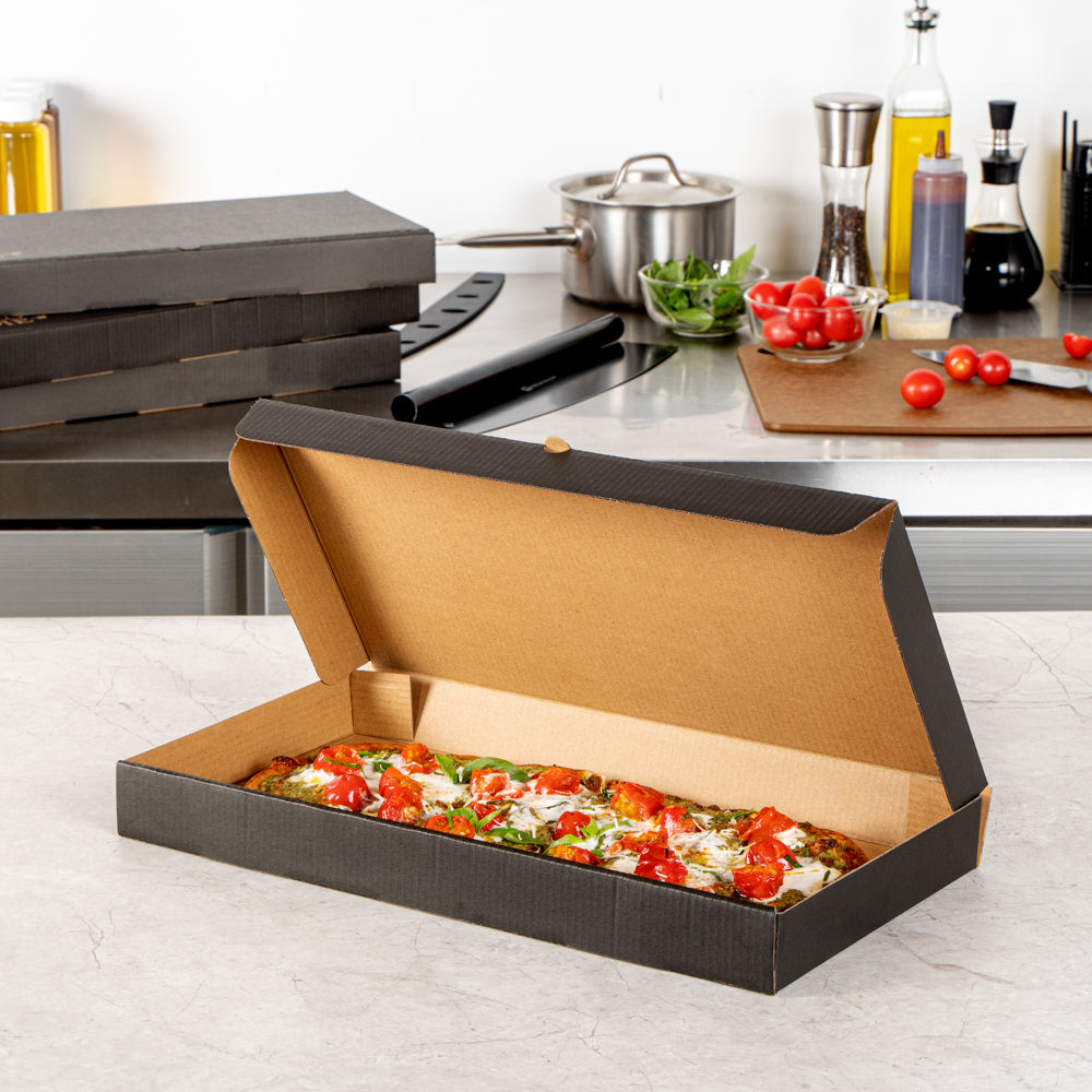 Eco Pie Kraft and Black Paper Corrugated Flatbread Box - 16" x 8" x 1 1/2" - 50 count box