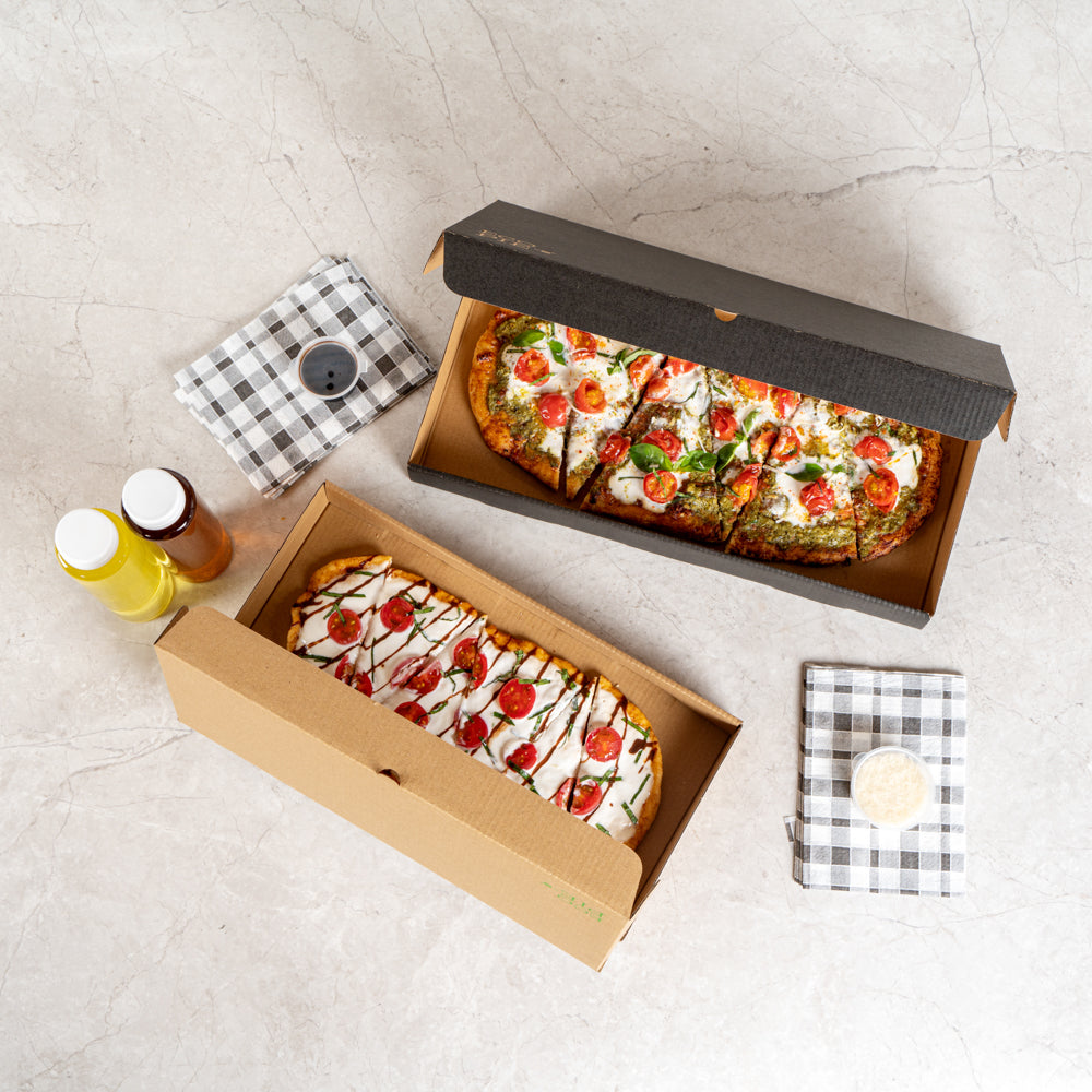 Eco Pie Kraft and Black Paper Corrugated Flatbread Box - 16" x 8" x 1 1/2" - 50 count box
