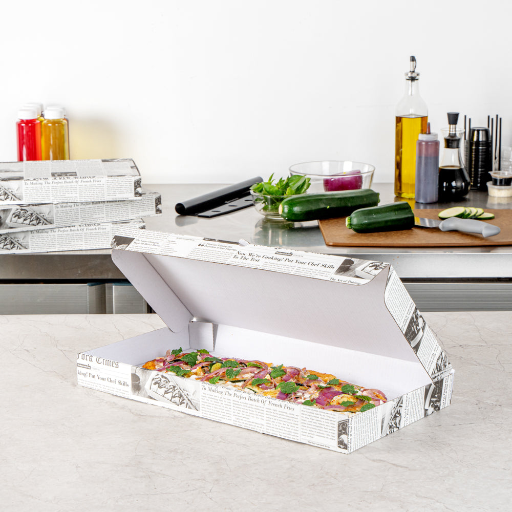 Eco Pie Newsprint and White Paper Corrugated Flatbread Box - 16" x 8" x 1 1/2" - 50 count box