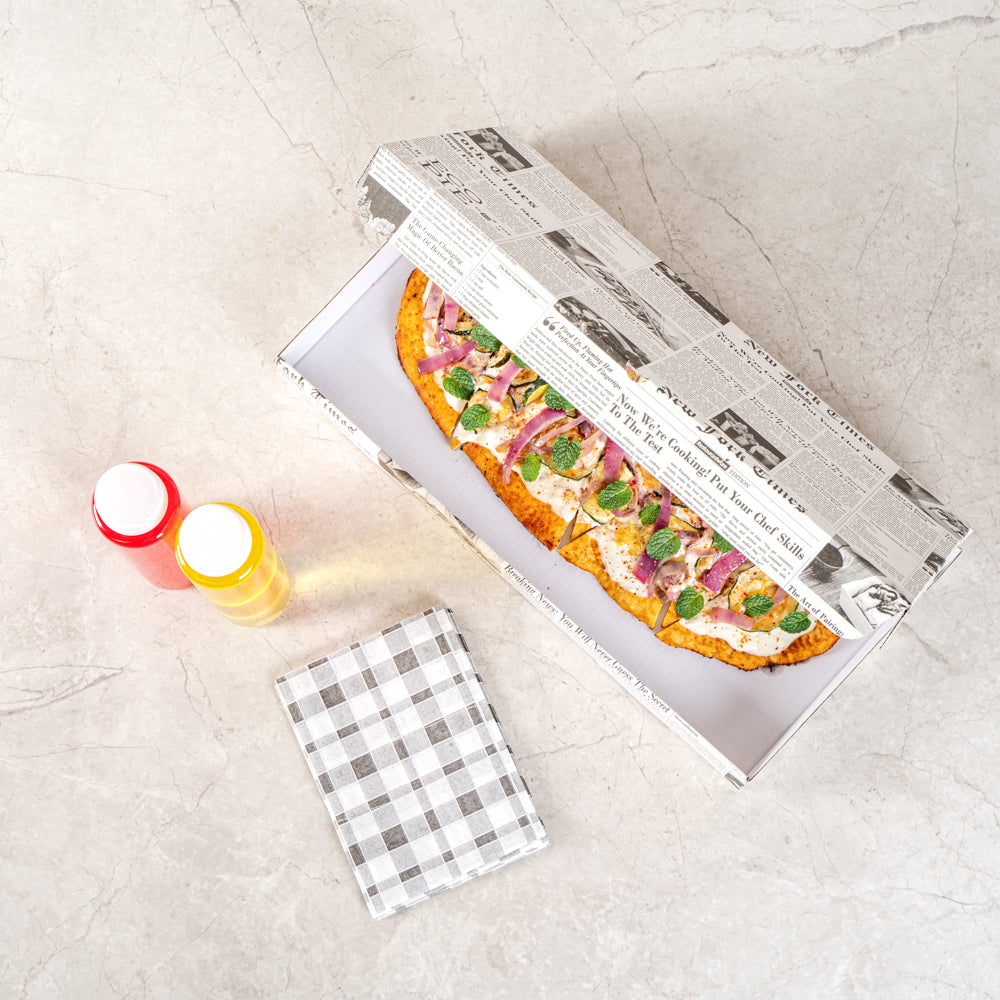 Eco Pie Newsprint and White Paper Corrugated Flatbread Box - 16" x 8" x 1 1/2" - 50 count box