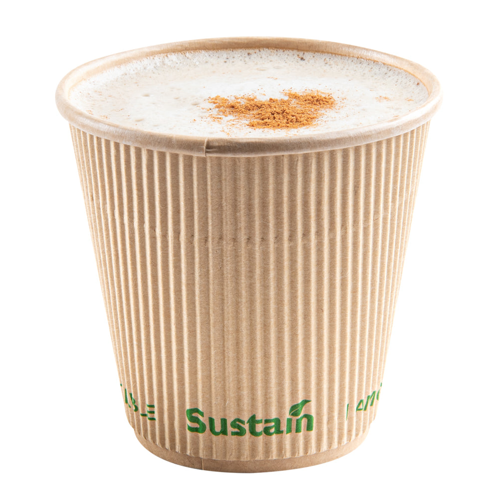 Sustain 8 oz Kraft Paper Coffee Cup - PLA Lining, Compostable, Ripple Wall - 3 1/2" x 3 1/2" x 3 1/2" - 25 count box