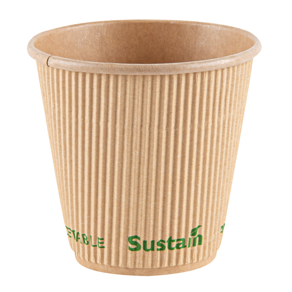 Sustain 8 oz Kraft Paper Coffee Cup - PLA Lining, Compostable, Ripple Wall - 3 1/2" x 3 1/2" x 3 1/2" - 25 count box