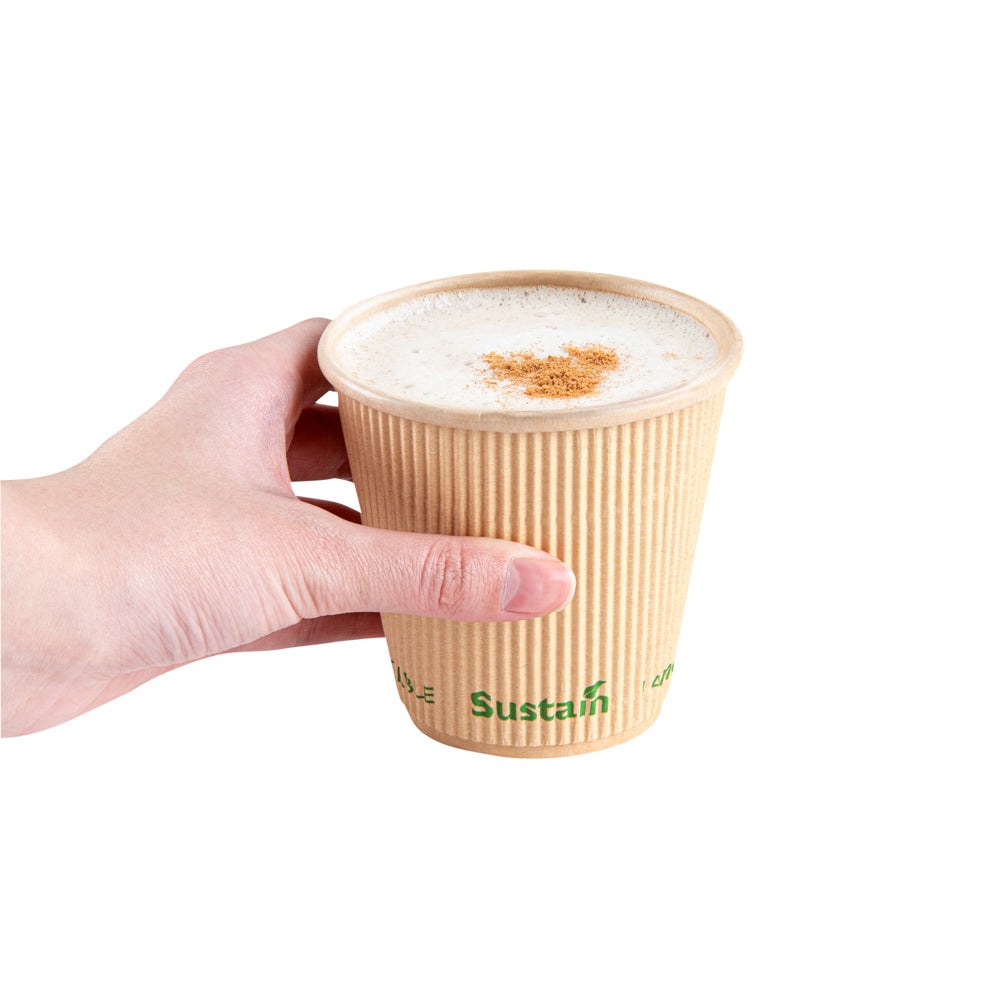 Sustain 8 oz Kraft Paper Coffee Cup - PLA Lining, Compostable, Ripple Wall - 3 1/2" x 3 1/2" x 3 1/2" - 500 count box