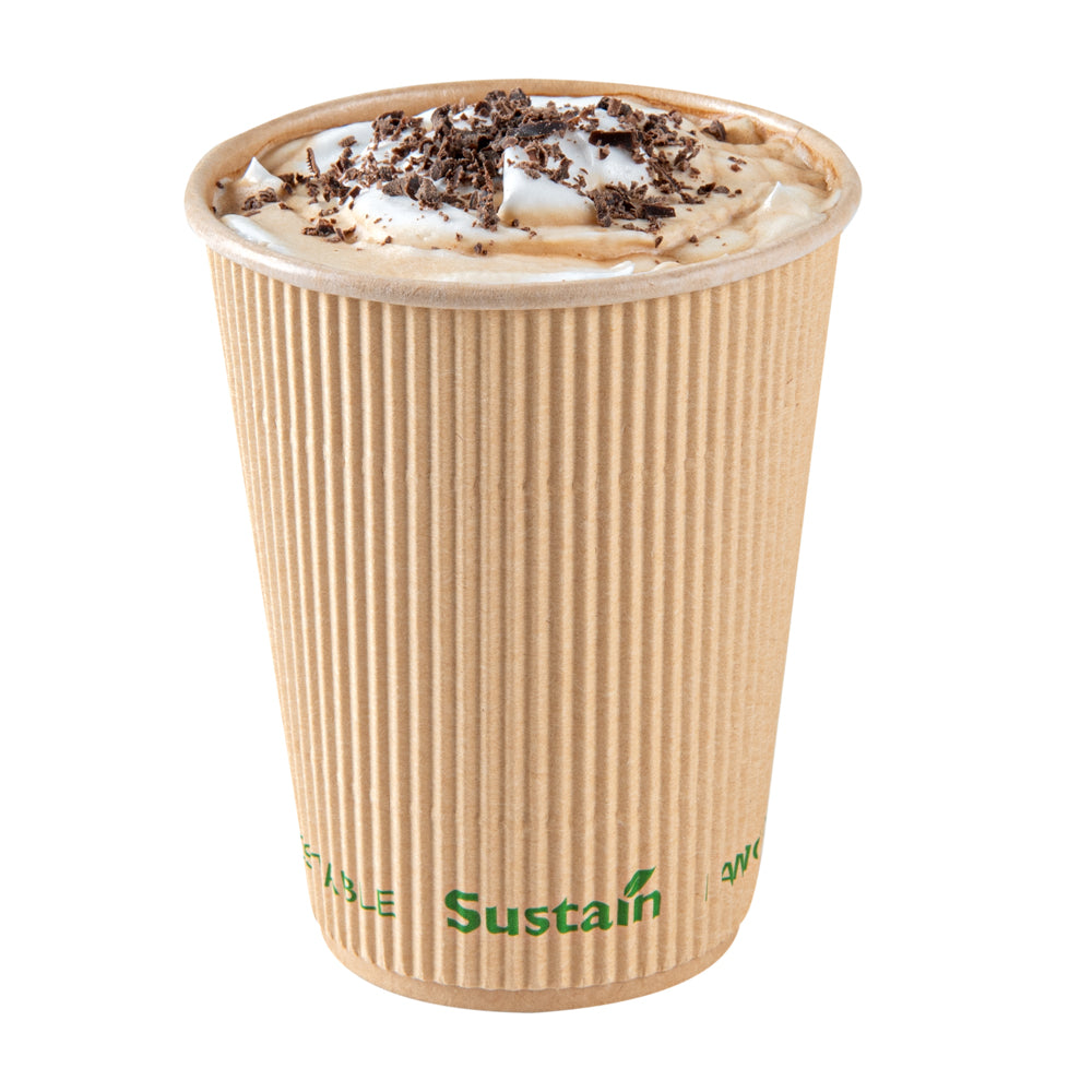 Sustain 12 oz Kraft Paper Coffee Cup - PLA Lining, Compostable, Ripple Wall - 3 1/2" x 3 1/2" x 4 1/4" - 25 count box