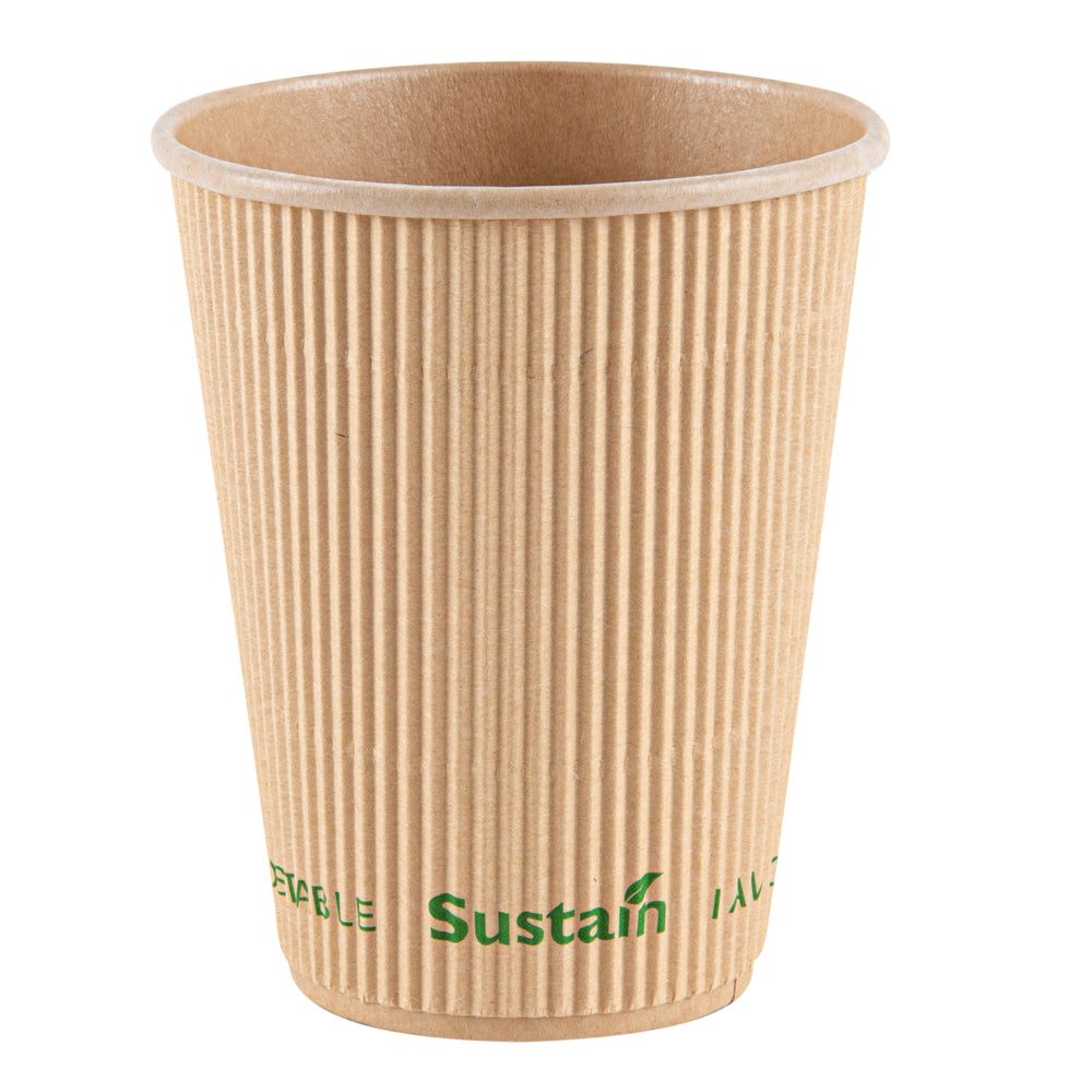 Sustain 12 oz Kraft Paper Coffee Cup - PLA Lining, Compostable, Ripple Wall - 3 1/2" x 3 1/2" x 4 1/4" - 25 count box