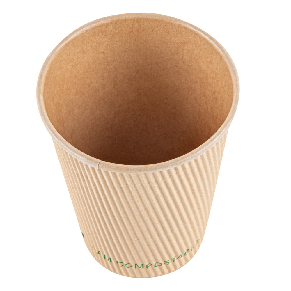 Sustain 12 oz Kraft Paper Coffee Cup - PLA Lining, Compostable, Ripple Wall - 3 1/2" x 3 1/2" x 4 1/4" - 25 count box