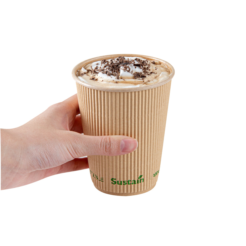 Sustain 12 oz Kraft Paper Coffee Cup - PLA Lining, Compostable, Ripple Wall - 3 1/2" x 3 1/2" x 4 1/4" - 500 count box
