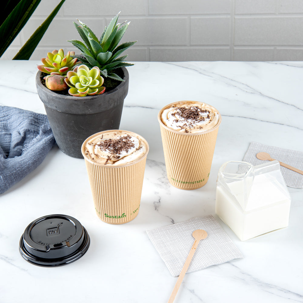 Sustain 12 oz Kraft Paper Coffee Cup - PLA Lining, Compostable, Ripple Wall - 3 1/2" x 3 1/2" x 4 1/4" - 500 count box
