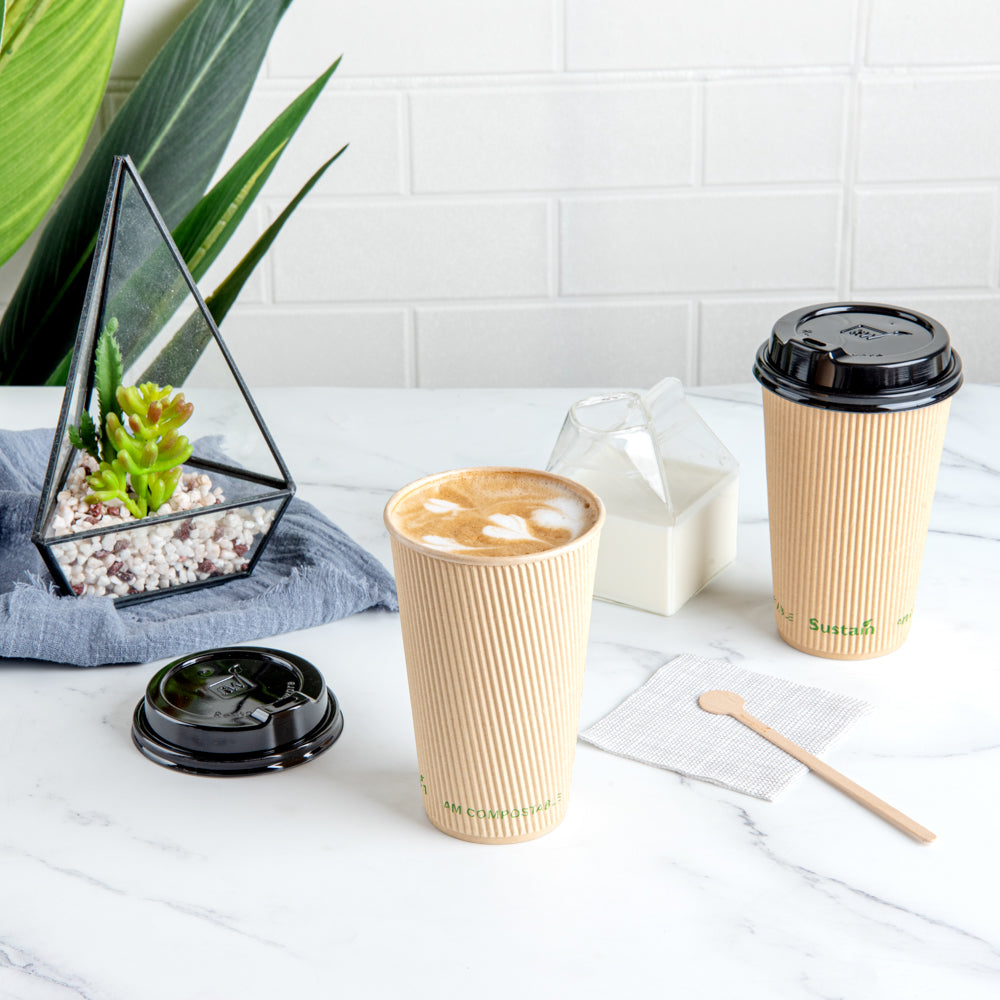 Sustain 16 oz Kraft Paper Coffee Cup - PLA Lining, Compostable, Ripple Wall - 3 1/2" x 3 1/2" x 5 1/2" - 25 count box