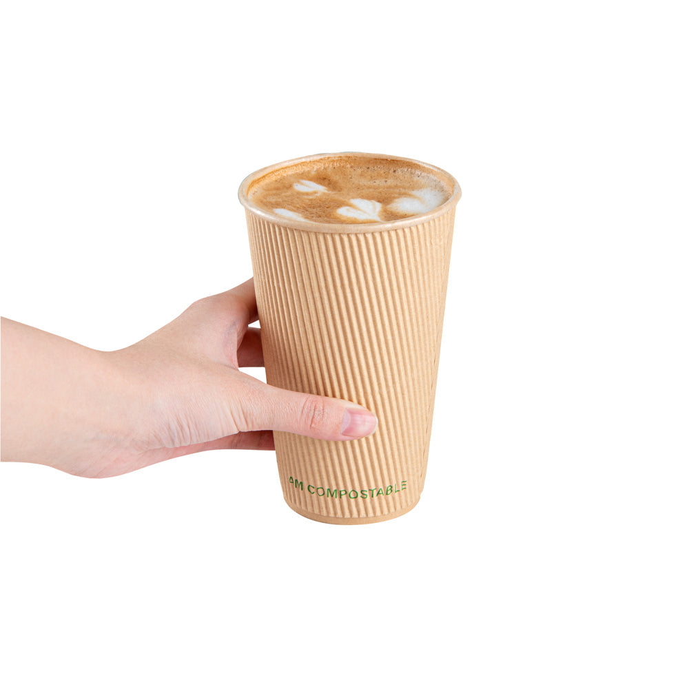 Sustain 16 oz Kraft Paper Coffee Cup - PLA Lining, Compostable, Ripple Wall - 3 1/2" x 3 1/2" x 5 1/2" - 500 count box