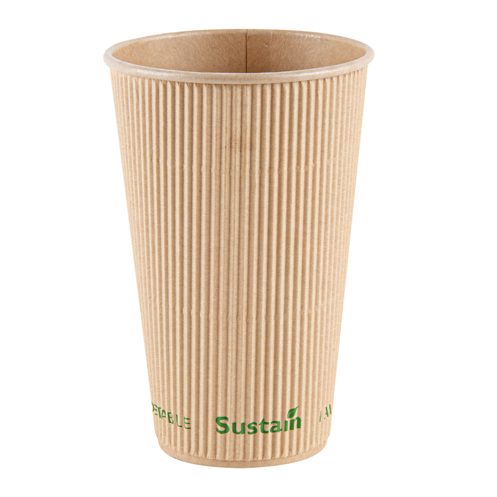 Sustain 16 oz Kraft Paper Coffee Cup - PLA Lining, Compostable, Ripple Wall - 3 1/2" x 3 1/2" x 5 1/2" - 500 count box