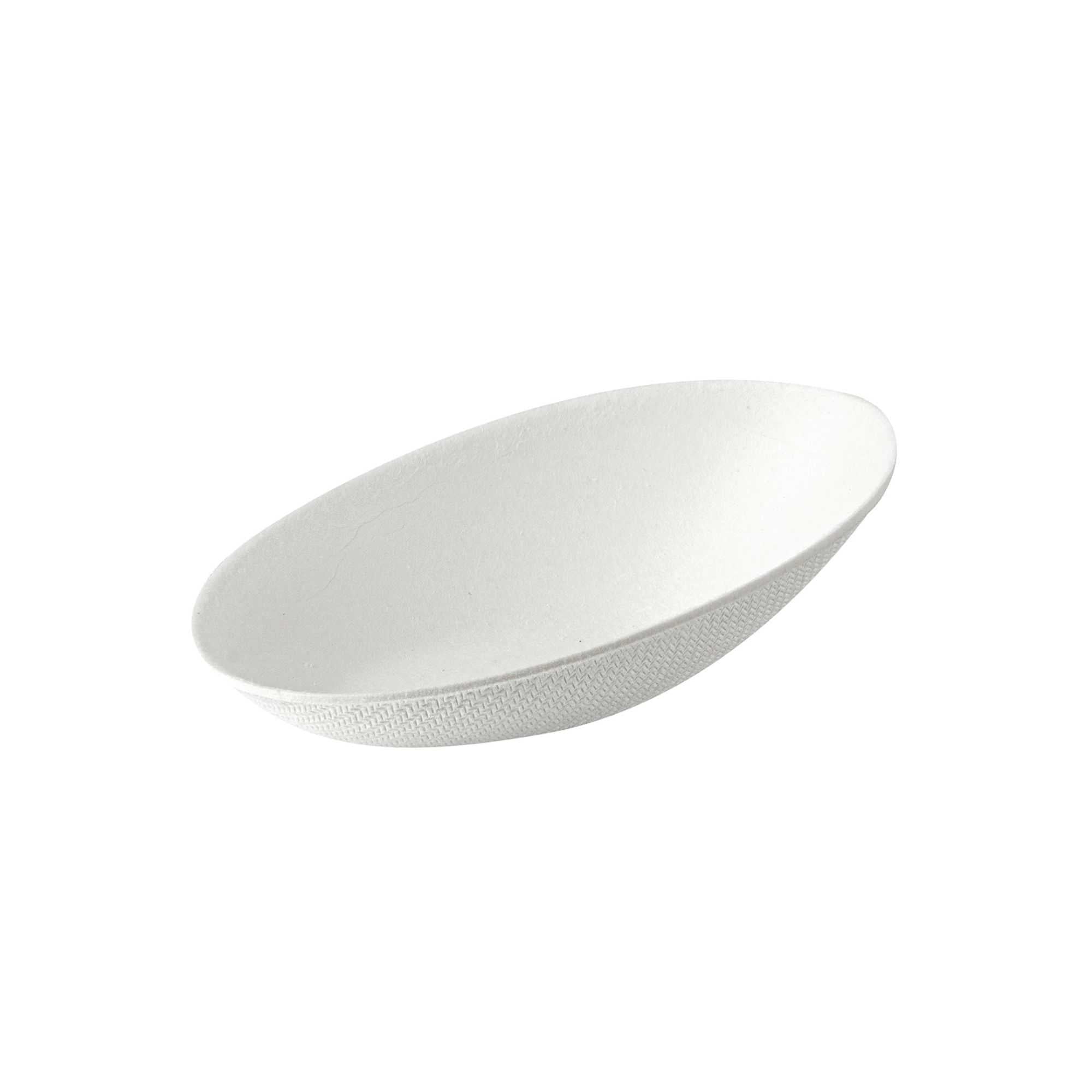 Pulp Safe No PFAS Added White Sugarcane / Bagasse Egg-Shaped Tasting Dish - Home Compostable - 3 1/4" x 2" x 1" - 100 count box