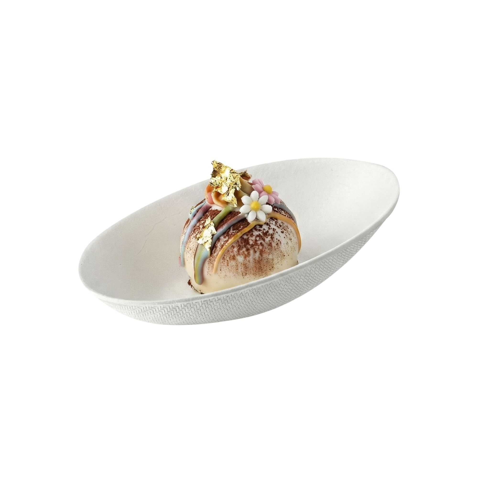 Pulp Safe No PFAS Added White Sugarcane / Bagasse Egg-Shaped Tasting Dish - Home Compostable - 3 1/4" x 2" x 1" - 100 count box