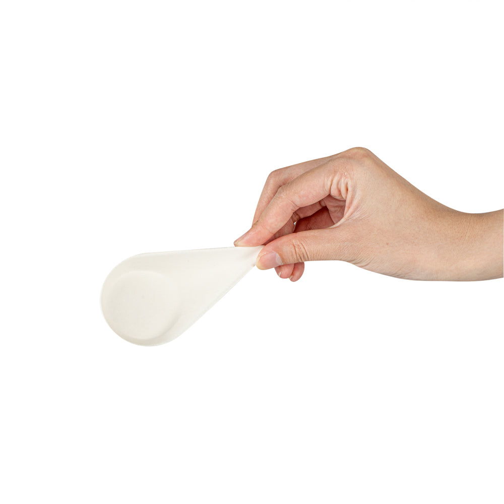 Pulp Safe No PFAS Added Teardrop White Sugarcane / Bagasse Tasting Spoon - Home Compostable - 4 1/4" x 2" x 1 1/4" - 100 count box