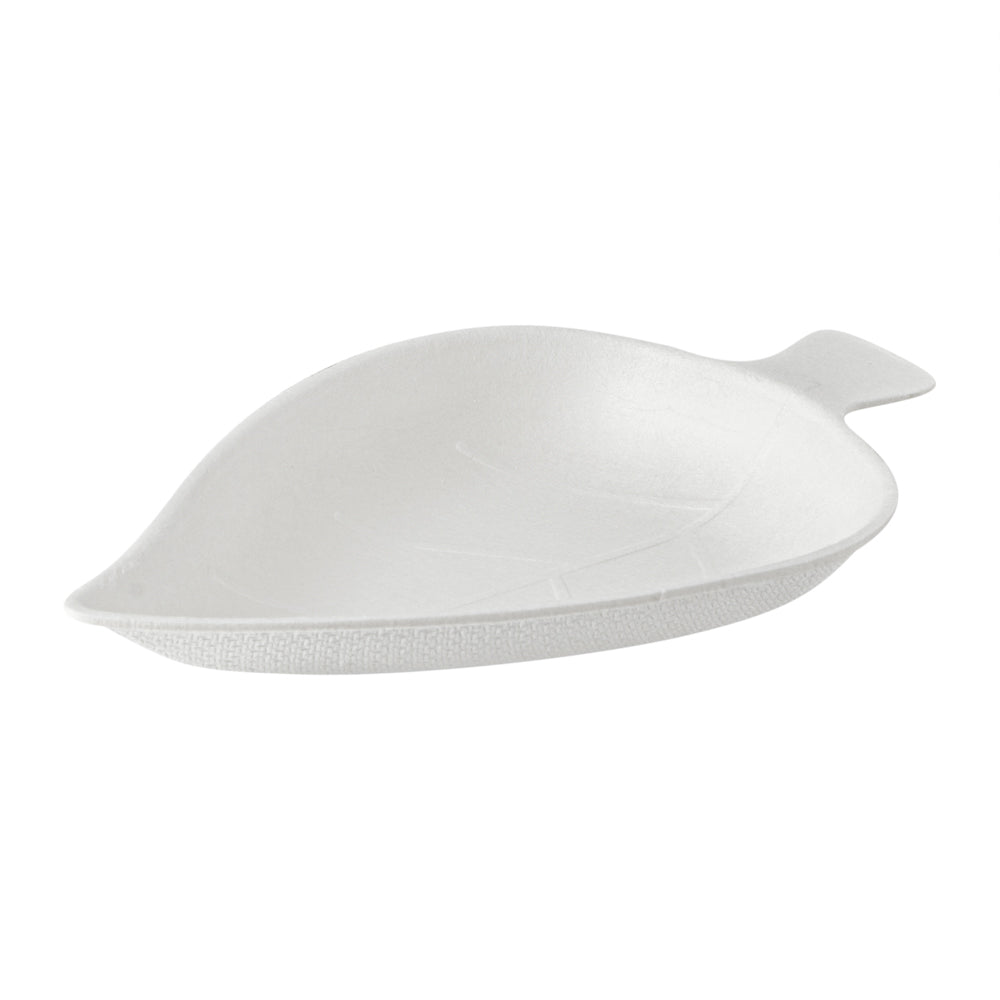 Pulp Safe No PFAS Added White Sugarcane / Bagasse Leaf Tasting Dish - Home Compostable - 3 3/4" x 2 1/4" x 1/2" - 100 count box