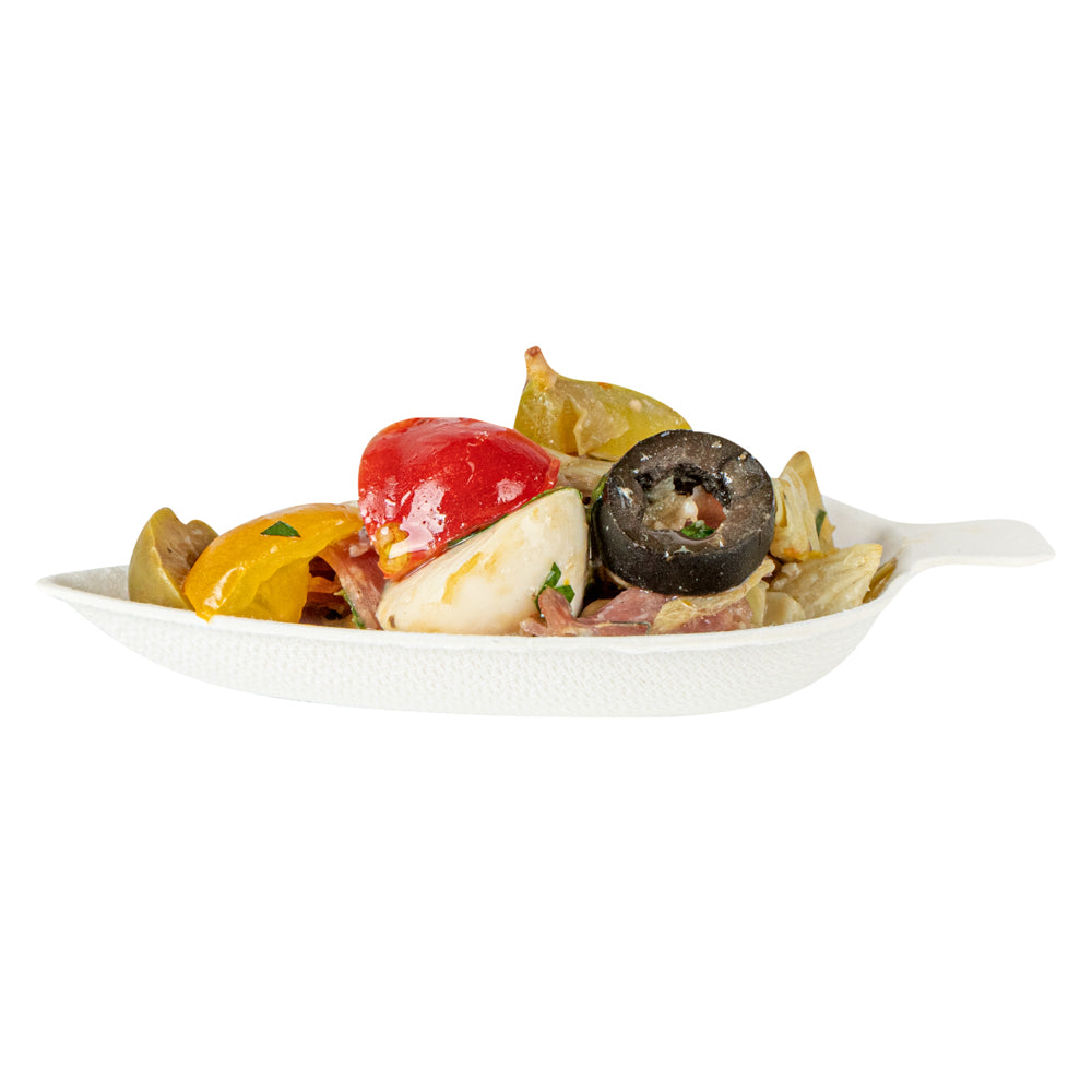 Pulp Safe No PFAS Added White Sugarcane / Bagasse Leaf Tasting Dish - Home Compostable - 3 3/4" x 2 1/4" x 1/2" - 100 count box