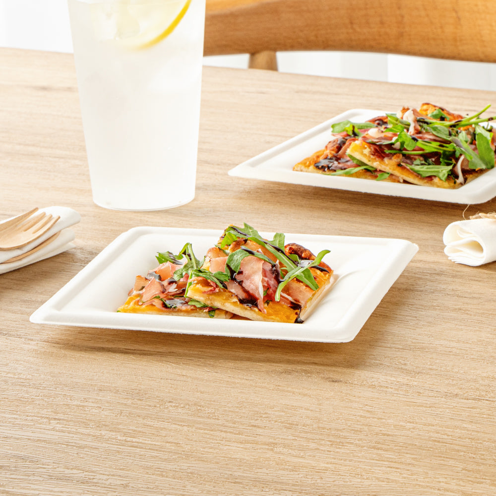 Pulp Safe No PFAS Added Square White Sugarcane / Bagasse Medium Plate - Home Compostable - 8" x 8" x 1/2" - 100 count box
