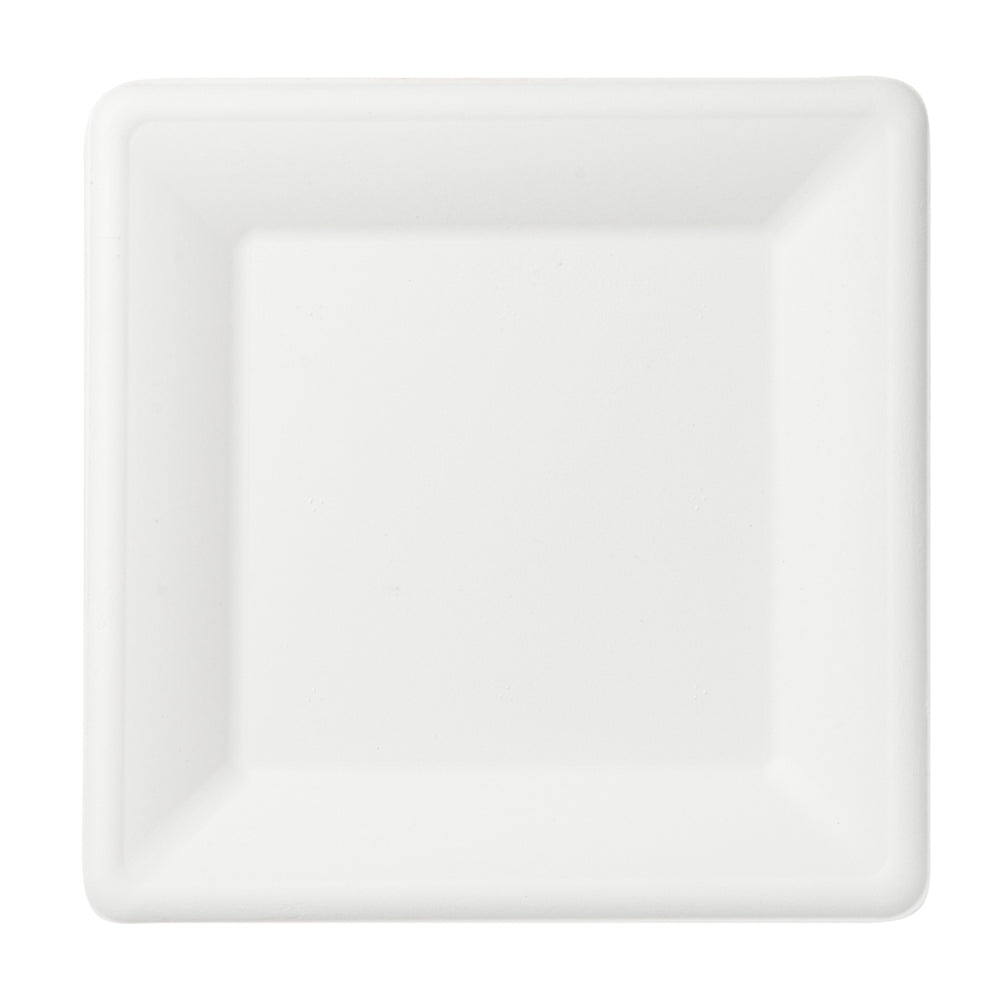 Pulp Safe No PFAS Added Square White Sugarcane / Bagasse Large Plate - Home Compostable - 10 1/4" x 10 1/4" x 1/2" - 100 count box