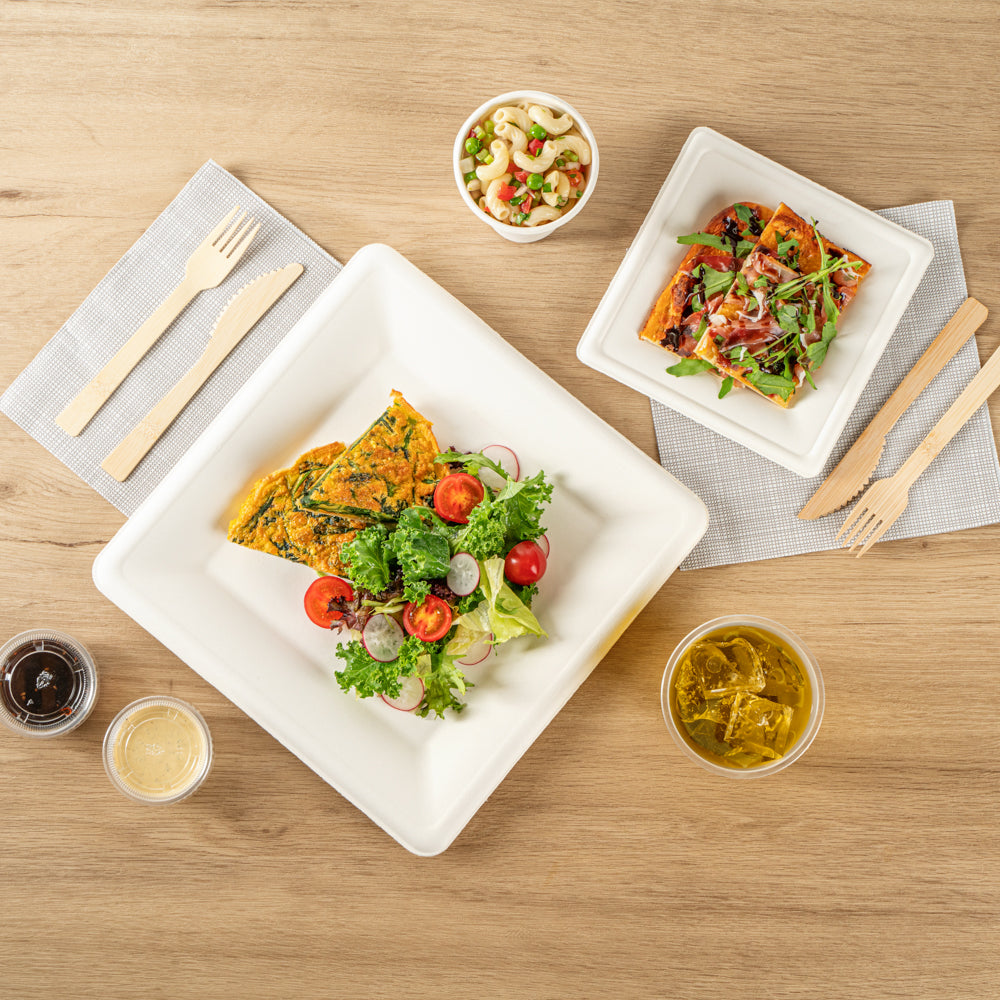 Pulp Safe No PFAS Added Square White Sugarcane / Bagasse Large Plate - Home Compostable - 10 1/4" x 10 1/4" x 1/2" - 100 count box