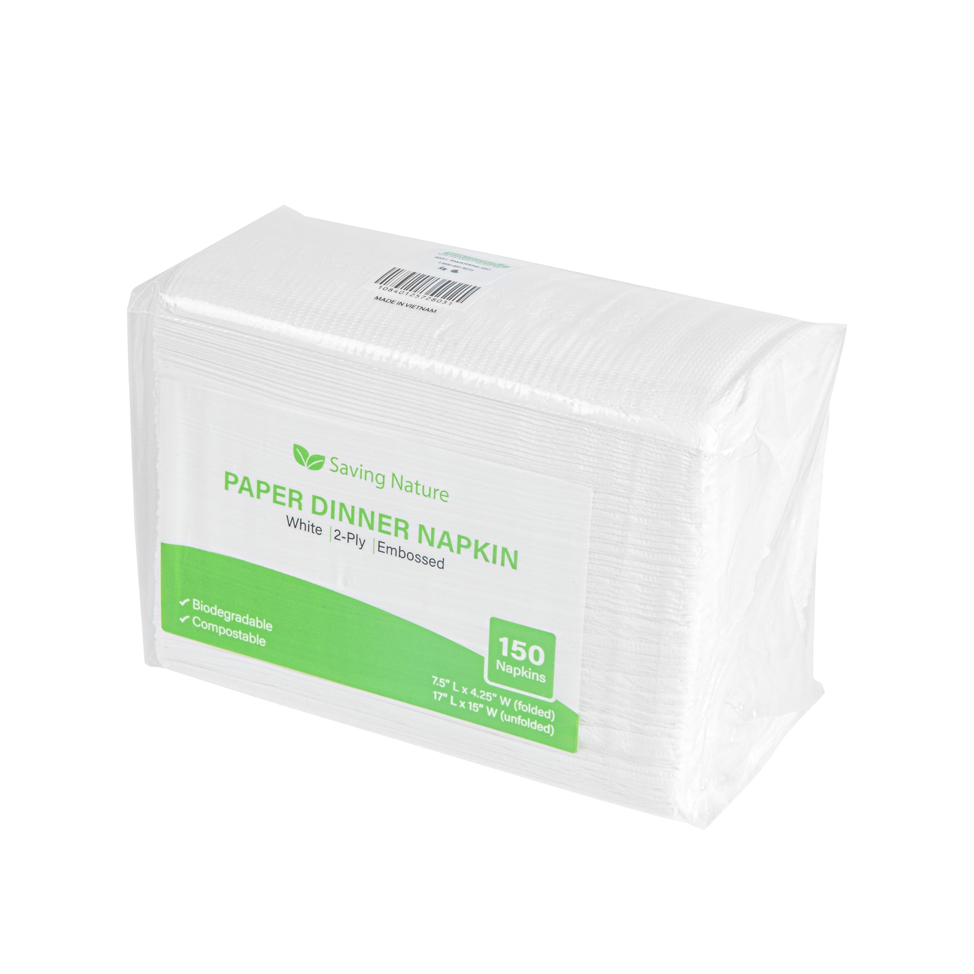 Saving Nature Rectangle White Paper Dinner Napkin - 2-Ply - 17" x 15" - 150 count box