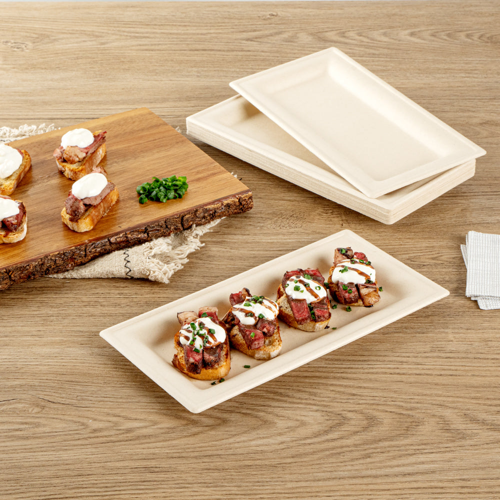 Pulp Safe No PFAS Added Rectangle Natural Sugarcane / Bagasse Plate - Home Compostable - 10" x 5" x 1/2" - 100 count box