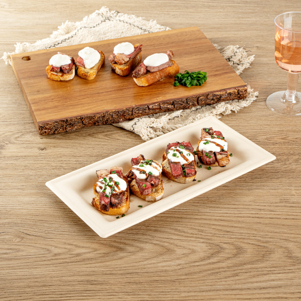 Pulp Safe No PFAS Added Rectangle Natural Sugarcane / Bagasse Plate - Home Compostable - 10" x 5" x 1/2" - 100 count box