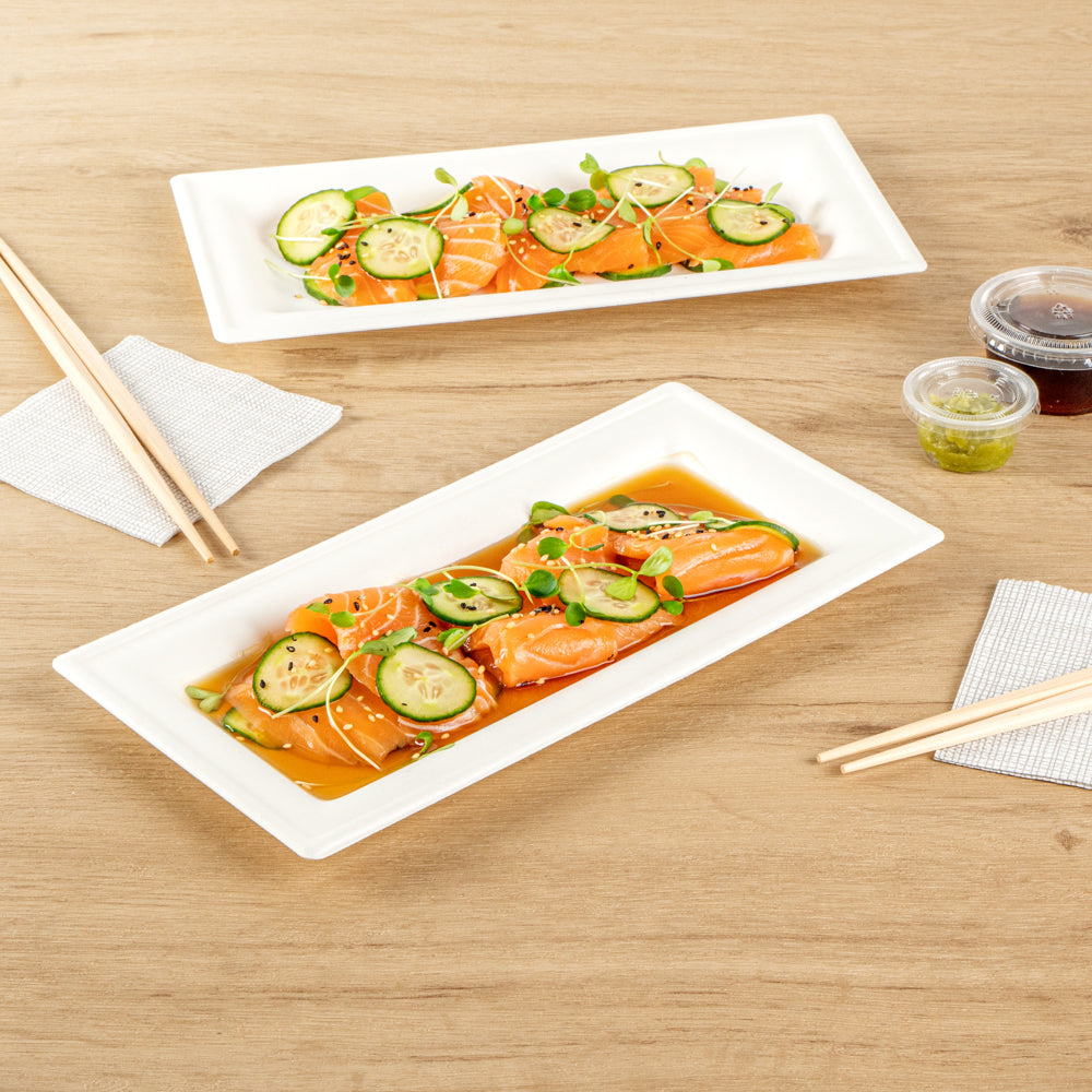 Pulp Safe No PFAS Added Rectangle White Sugarcane / Bagasse Plate - Home Compostable - 10" x 5" x 1/2" - 100 count box