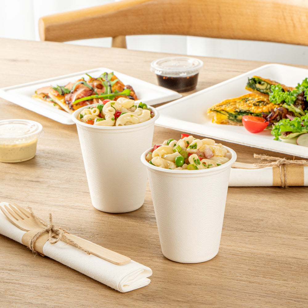 Pulp Safe No PFAS Added 8 oz White Sugarcane / Bagasse Cup - Home Compostable - 3 1/4" x 3 1/4" x 3 1/2" - 100 count box