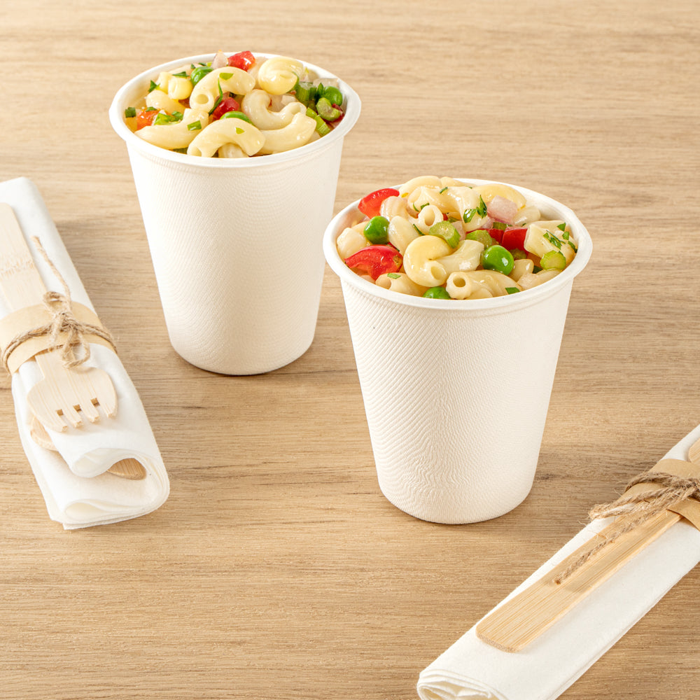 Pulp Safe No PFAS Added 8 oz White Sugarcane / Bagasse Cup - Home Compostable - 3 1/4" x 3 1/4" x 3 1/2" - 100 count box