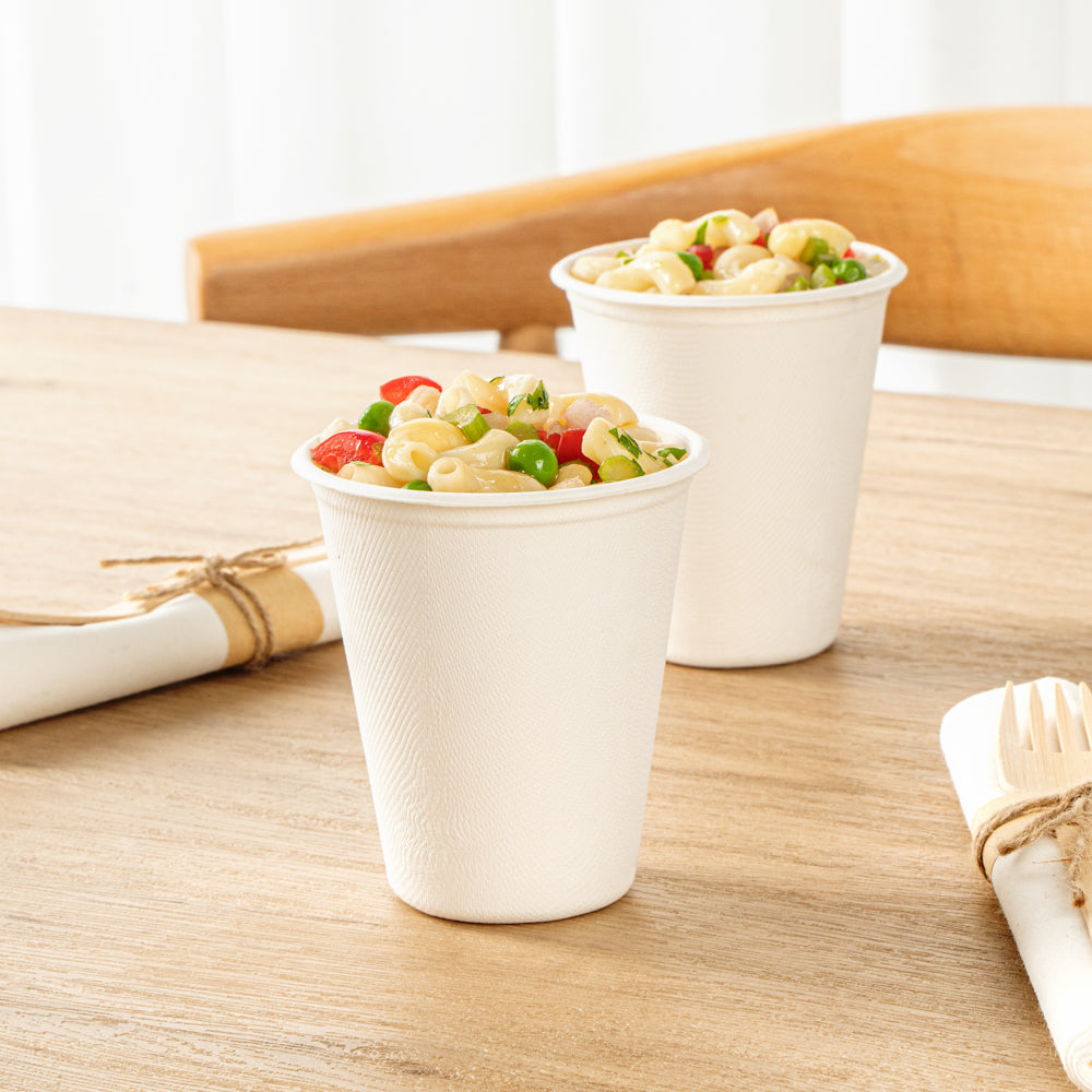 Pulp Safe No PFAS Added 8 oz White Sugarcane / Bagasse Cup - Home Compostable - 3 1/4" x 3 1/4" x 3 1/2" - 100 count box