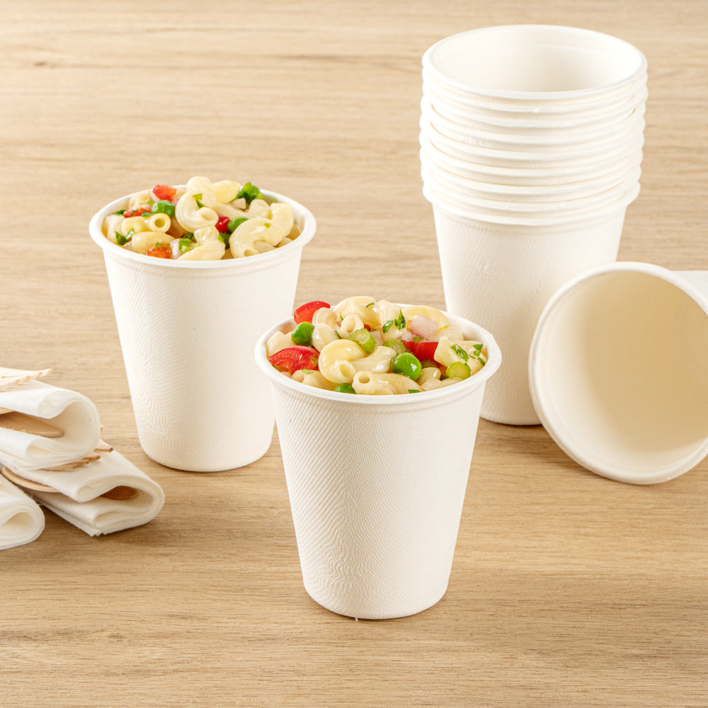 Pulp Safe No PFAS Added 8 oz White Sugarcane / Bagasse Cup - Home Compostable - 3 1/4" x 3 1/4" x 3 1/2" - 100 count box
