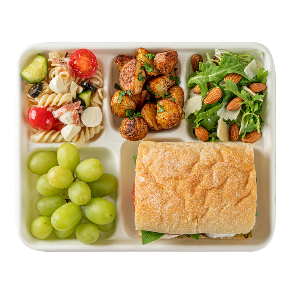 Pulp Safe No PFAS Added Rectangle White Sugarcane / Bagasse Food Tray - Home Compostable, 5 Compartments - 10 1/2" x 8 1/2" - 100 count box