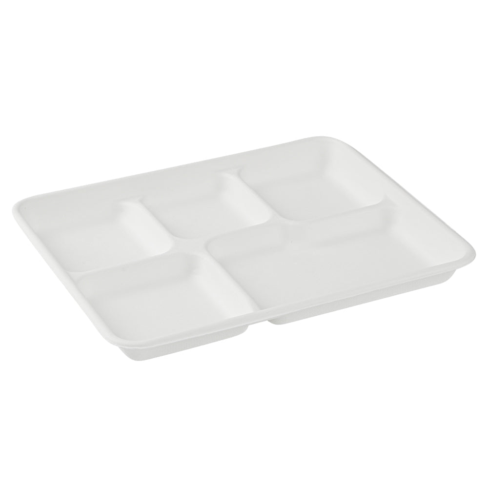 Pulp Safe No PFAS Added Rectangle White Sugarcane / Bagasse Food Tray - Home Compostable, 5 Compartments - 10 1/2" x 8 1/2" - 100 count box