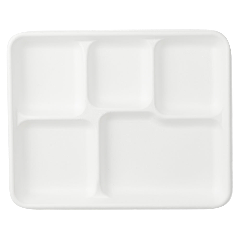 Pulp Safe No PFAS Added Rectangle White Sugarcane / Bagasse Food Tray - Home Compostable, 5 Compartments - 10 1/2" x 8 1/2" - 100 count box