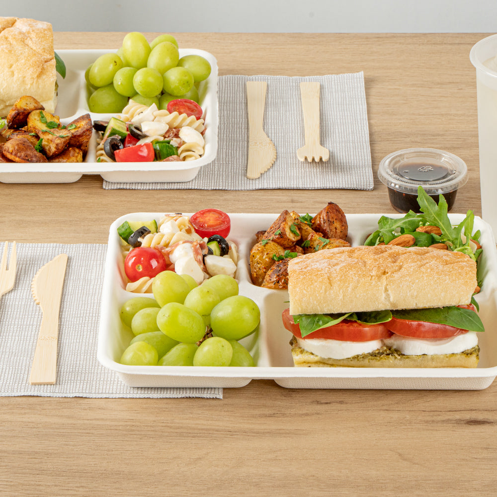 Pulp Safe No PFAS Added Rectangle White Sugarcane / Bagasse Food Tray - Home Compostable, 5 Compartments - 10 1/2" x 8 1/2" - 100 count box