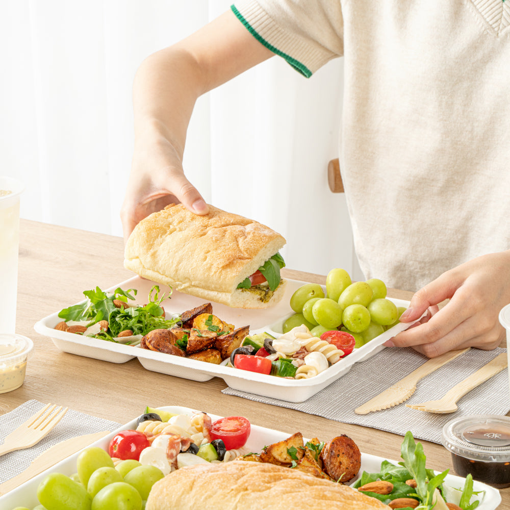 Pulp Safe No PFAS Added Rectangle White Sugarcane / Bagasse Food Tray - Home Compostable, 5 Compartments - 10 1/2" x 8 1/2" - 100 count box