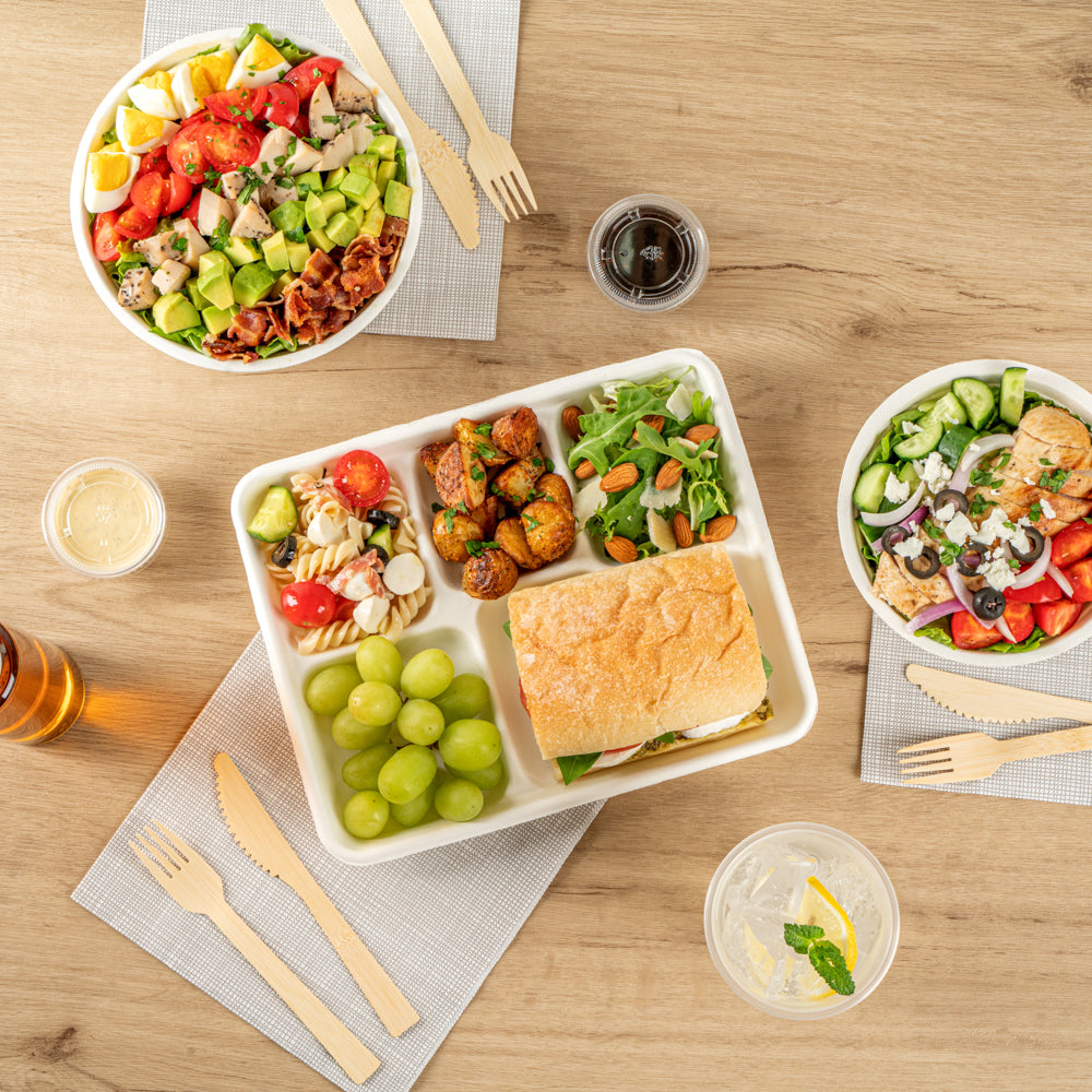 Pulp Safe No PFAS Added Rectangle White Sugarcane / Bagasse Food Tray - Home Compostable, 5 Compartments - 10 1/2" x 8 1/2" - 100 count box