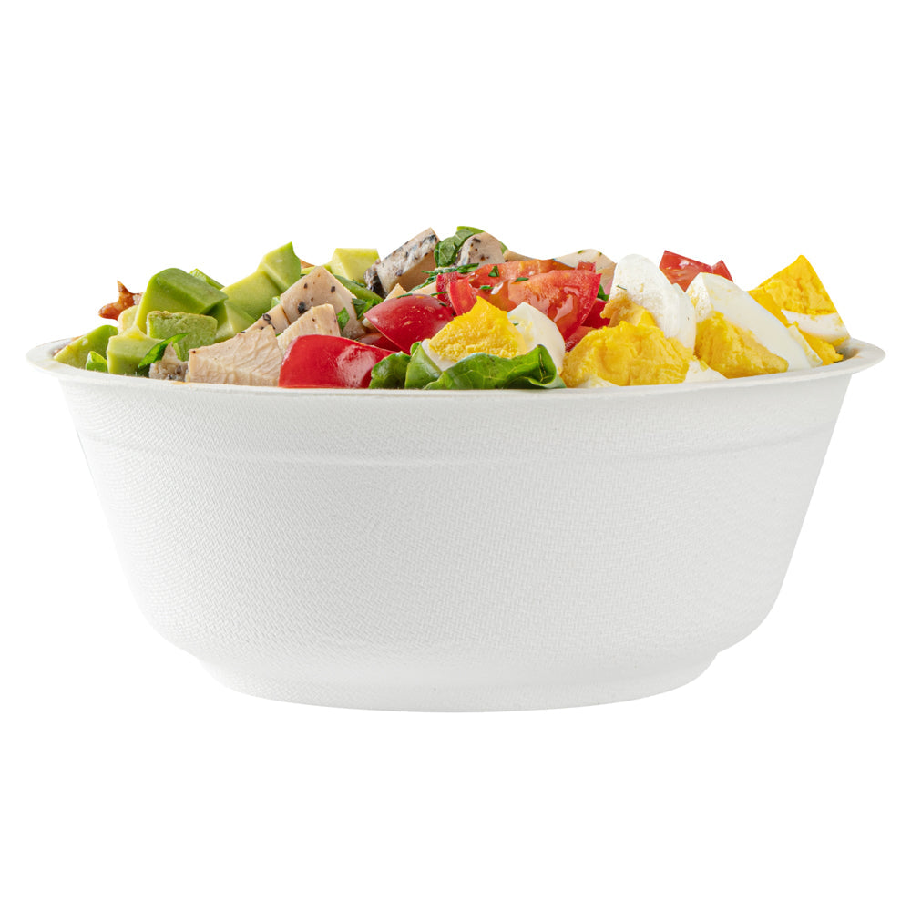 Pulp Safe No PFAS Added 32 oz Round White Sugarcane / Bagasse Salad Bowl - Home Compostable - 7" x 7" x 2 3/4" - 100 count box