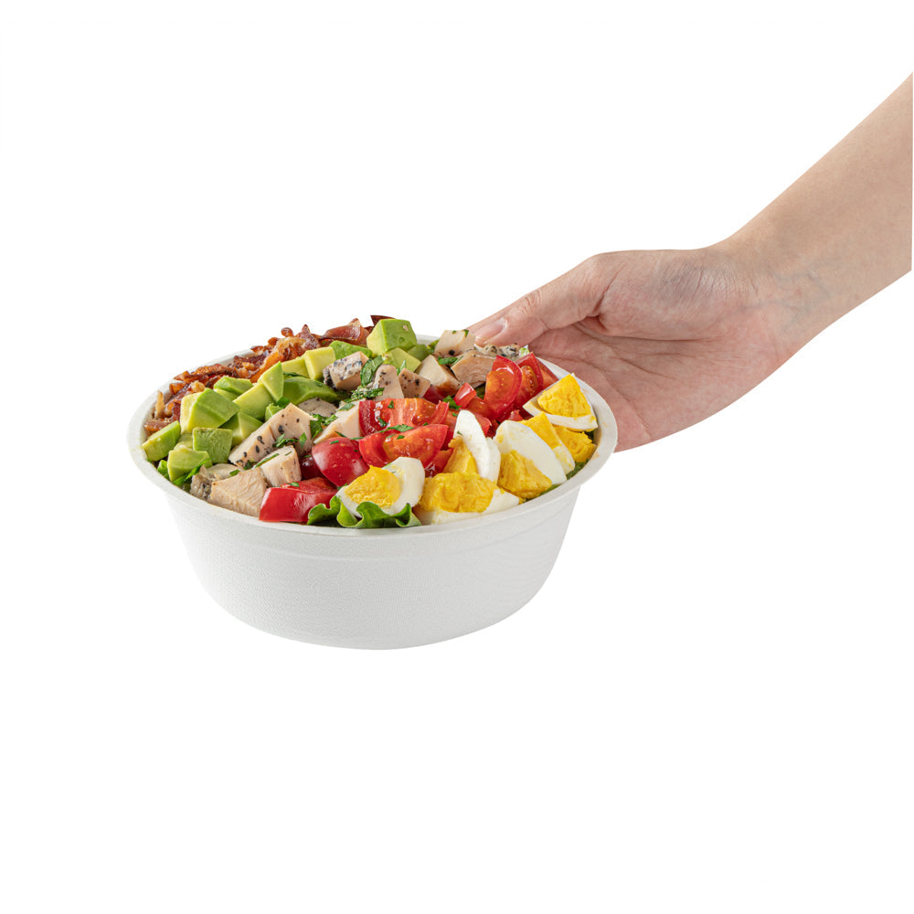 Pulp Safe No PFAS Added 32 oz Round White Sugarcane / Bagasse Salad Bowl - Home Compostable - 7" x 7" x 2 3/4" - 100 count box