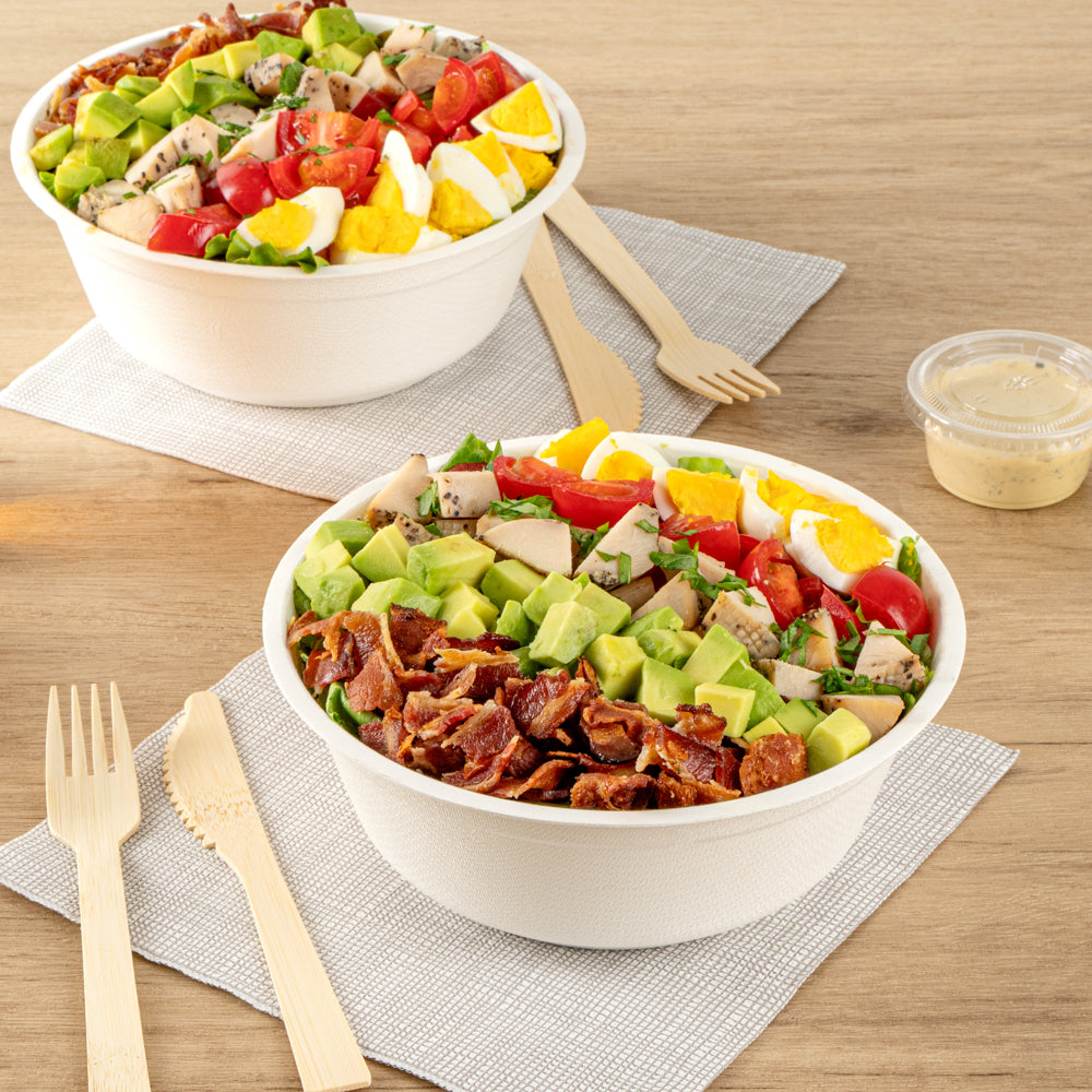 Pulp Safe No PFAS Added 32 oz Round White Sugarcane / Bagasse Salad Bowl - Home Compostable - 7" x 7" x 2 3/4" - 100 count box