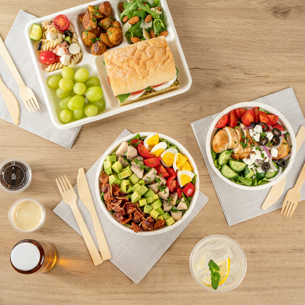 Pulp Safe No PFAS Added 32 oz Round White Sugarcane / Bagasse Salad Bowl - Home Compostable - 7" x 7" x 2 3/4" - 100 count box