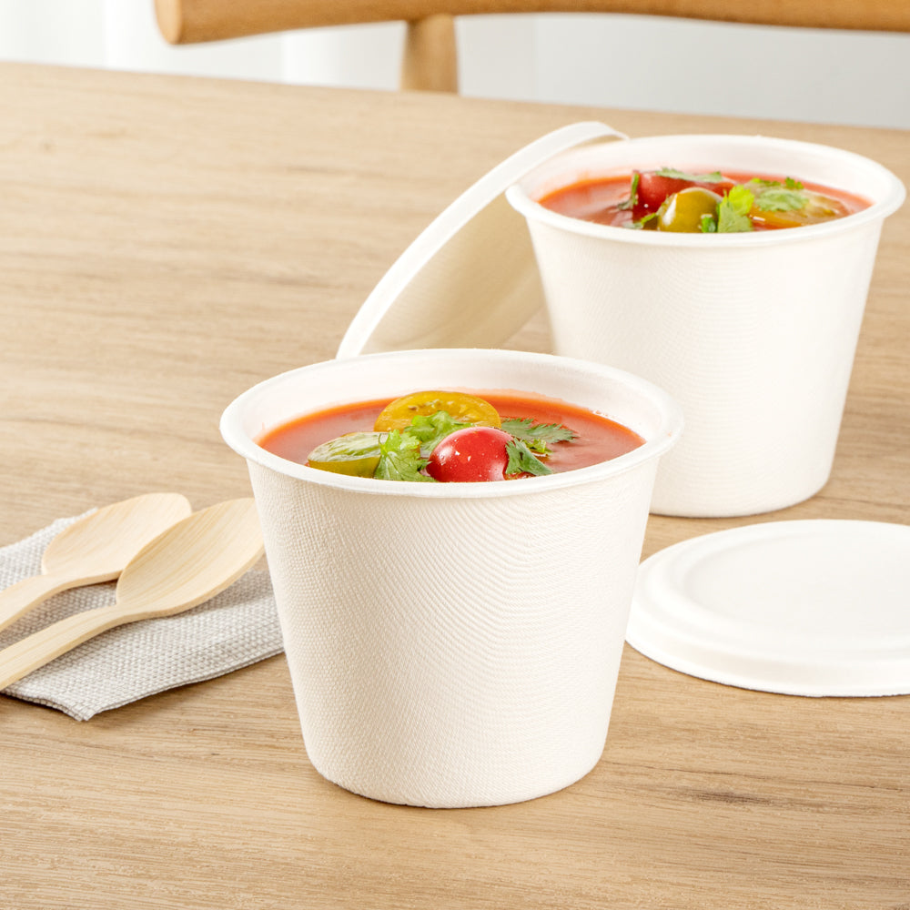 Pulp Safe No PFAS Added 15 oz Round White Sugarcane / Bagasse Soup Cup - Home Compostable - 4" x 4" x 3 1/4" - 100 count box